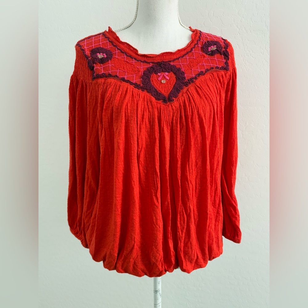 Free People Red Orange Begonia Embroidered Linen Blend Peasant Top Size Medium